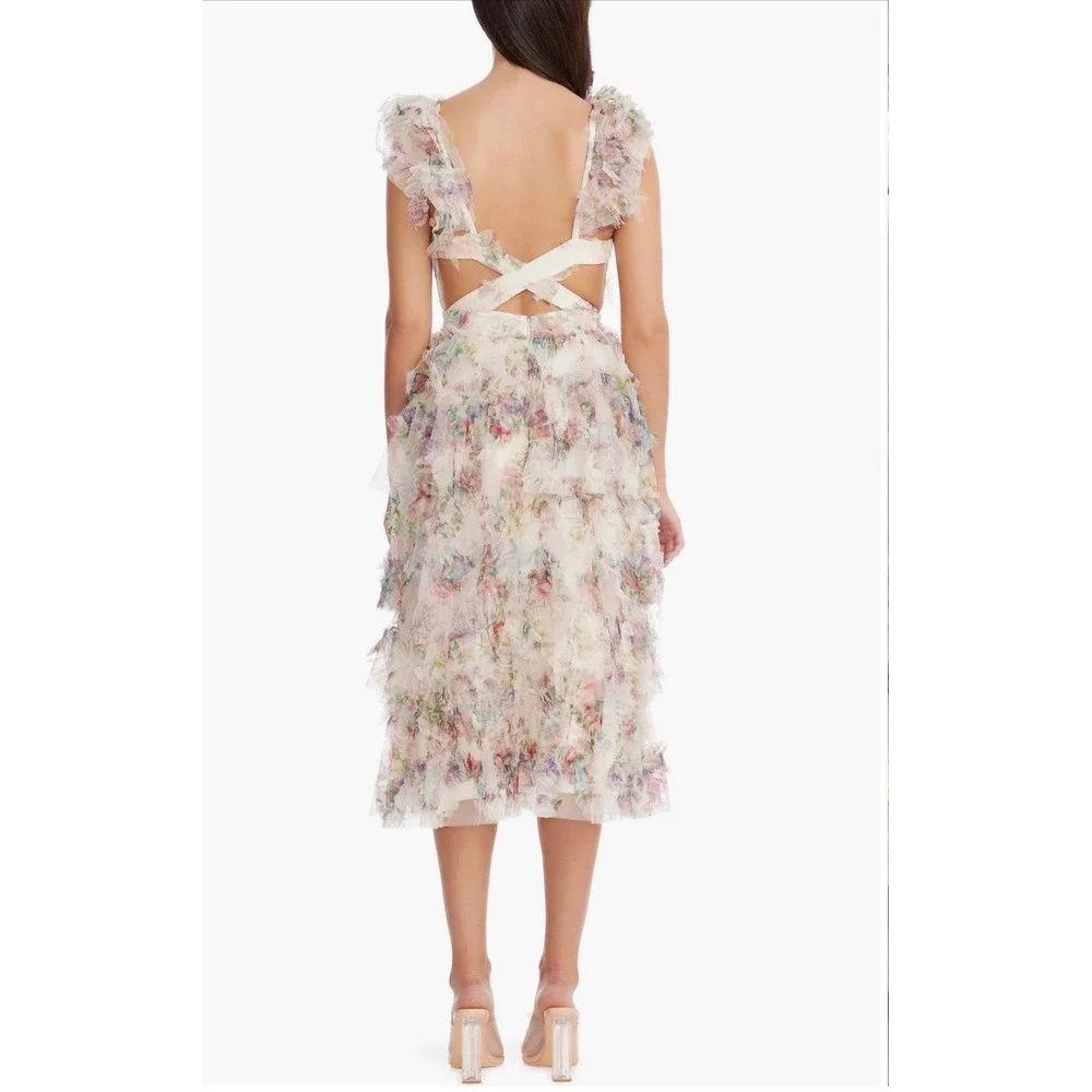 NWT Dress the Population Kristen Ivory Multi Ruffle Tier‎ Midi Dress Sz Small - Picture 2 of 9